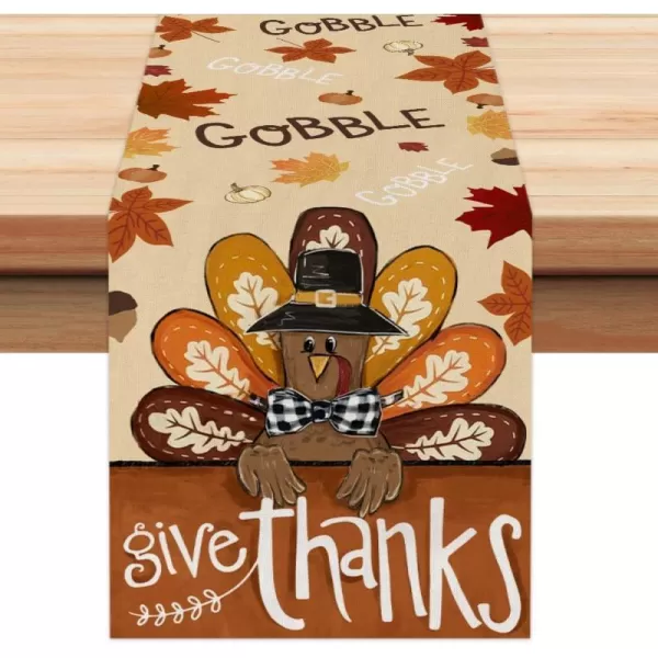 ARKENY Fall Thanksgiving Table Runner 13x72 InchesGive Thanks Gobble Turkey Seasonal Burlap Farmhouse Indoor Outdoor Autumn Table Runner for Home AT49772Multi Color Table Runner  13X72