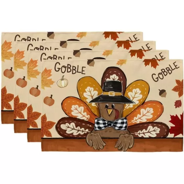 ARKENY Fall Thanksgiving Table Runner 13x72 InchesGive Thanks Gobble Turkey Seasonal Burlap Farmhouse Indoor Outdoor Autumn Table Runner for Home AT49772Multicolor Placemats Set of 4  12X18