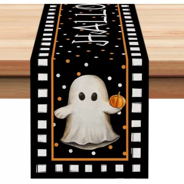 ARKENY Halloween Table Runner 13x36 Inches Pumpkin Spooky Ghost Seasonal Burlap Polka Dots Farmhouse Indoor Kitchen Dining Table Decorations for Home Party AT45436Black Table Runner  13X60