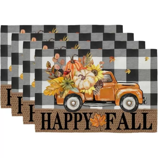 ARKENY Happy Fall Thanksgiving Table Runner 13x72 InchesPumpkins LeavesSeasonal Burlap Farmhouse Blue Truck Indoor Outdoor Autumn Table Runner for Home Orange PlaidFall Buffalo Plaid Placemats Set of 4  12X18