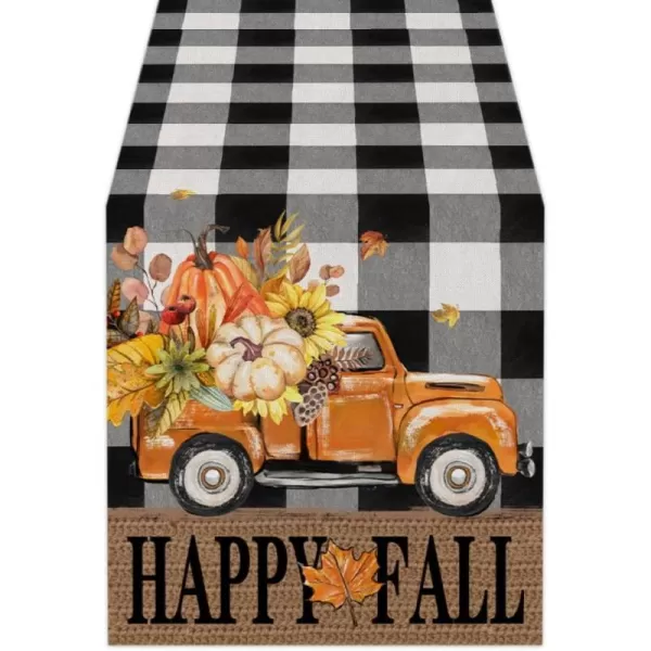 ARKENY Happy Fall Thanksgiving Table Runner 13x72 InchesPumpkins LeavesSeasonal Burlap Farmhouse Blue Truck Indoor Outdoor Autumn Table Runner for Home Orange PlaidFall Buffalo Plaid Table Runner  13X72