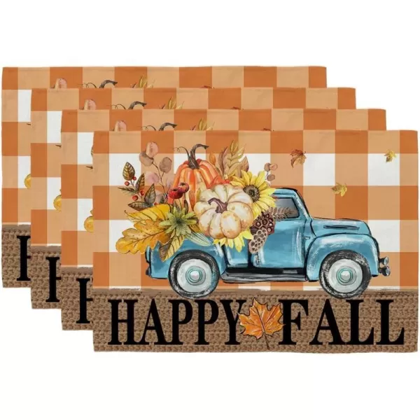 ARKENY Happy Fall Thanksgiving Table Runner 13x72 InchesPumpkins LeavesSeasonal Burlap Farmhouse Blue Truck Indoor Outdoor Autumn Table Runner for Home Orange PlaidOrange Placemats Set of 4  12X18