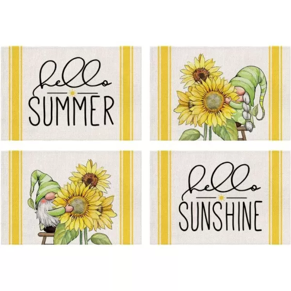 ARKENY Hello Summer Sunshine Gnomes Sunflower Placemats 12x18 Inches Set of 4Seasonal Plaid Farmhouse Indoor Kitchen Dining Table Decoration for Home PartyARKENY Hello Summer Sunshine Gnomes Sunflower Placemats 12x18 Inches Set of 4Seasonal Plaid Farmhouse Indoor Kitchen Dining Table Decoration for Home Party