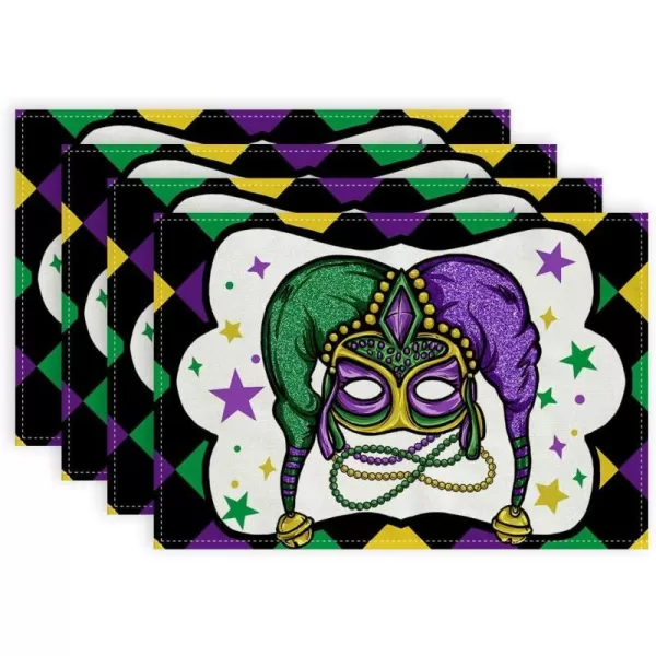 ARKENY Mardi Gras Carnival Placemats 12x18 Inches Set of 4 Fleur De Lis Mask Clown Purple Seasonal Farmhouse Burlap Indoor Kitchen Dining Table Mats Decorations for Home PartyPurple Placemats Set of 4  12X18