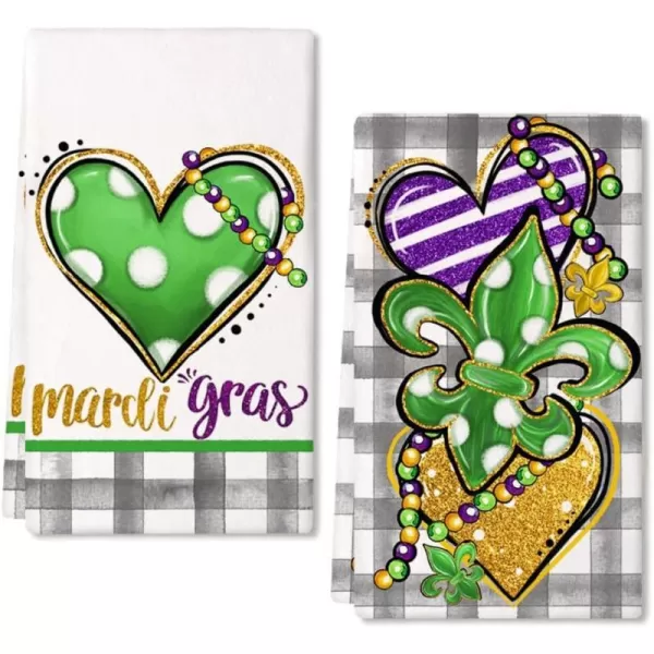 ARKENY Mardi Gras Kitchen Towels Set of 2Buffalo Plaid Heart Green Fleur De Lis Beads Dish Towels 18x26 Inch Drying DishclothFarmhouse Mardi Gras Carnival Seasonal Holiday Decorations AD262Green Heart