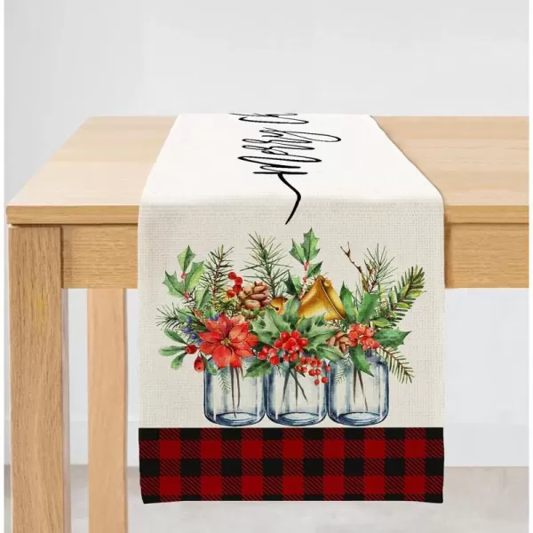 ARKENY Merry Christmas White Red Buffalo Plaid Floral Vase Leaves Holly Table Runner 13x72 Inches Long Farmhouse Indoor Outdoor Vintage Theme Gathering Dinner Party Holiday Decor AT014Red and Black