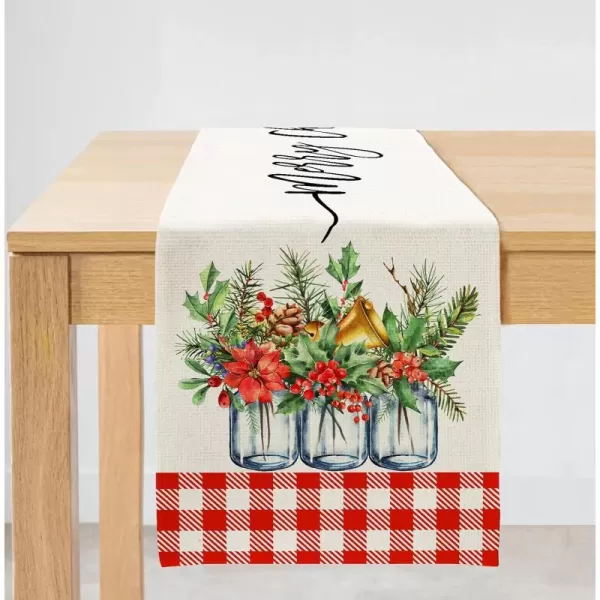 ARKENY Merry Christmas White Red Buffalo Plaid Floral Vase Leaves Holly Table Runner 13x72 Inches Long Farmhouse Indoor Outdoor Vintage Theme Gathering Dinner Party Holiday Decor AT014Red and White