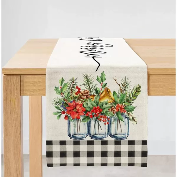 ARKENY Merry Christmas White Red Buffalo Plaid Floral Vase Leaves Holly Table Runner 13x72 Inches Long Farmhouse Indoor Outdoor Vintage Theme Gathering Dinner Party Holiday Decor AT014Black and White