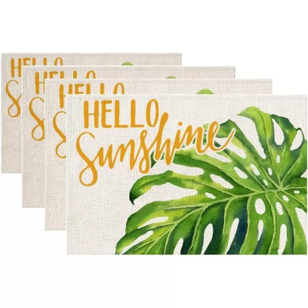 ARKENY Palm Leaves Hello Sunshine Placemats 12x18 Inches Set of 4Seasonal Burlap Farmhouse Indoor Kitchen Dining Table Decoration for Home PartyARKENY Palm Leaves Hello Sunshine Placemats 12x18 Inches Set of 4Seasonal Burlap Farmhouse Indoor Kitchen Dining Table Decoration for Home Party