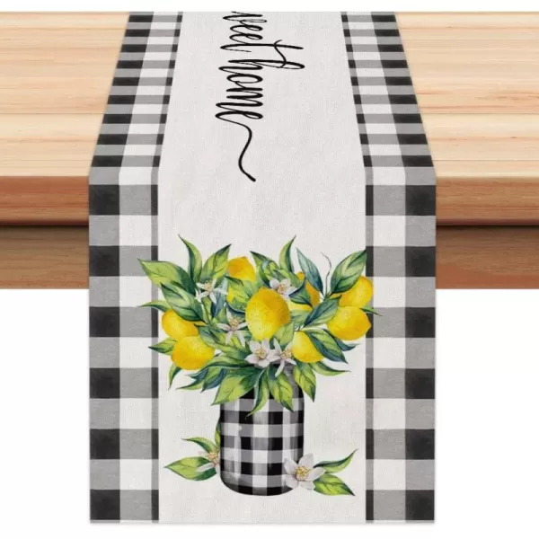 ARKENY Summer Lemon Flower Check Vase Sweet Home Table Runner 13x60 InchesSeasonal Burlap Buffalo Plaid Farmhouse Indoor Kitchen Dining Table Decoration for Home PartyTable Runner 13X90