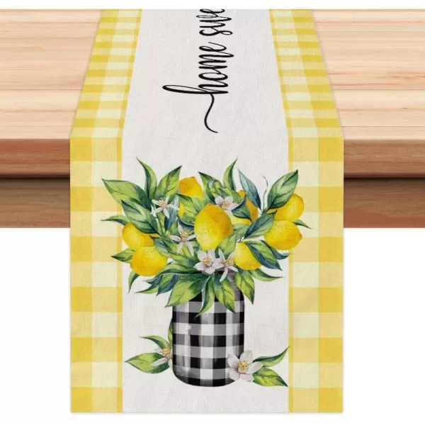 ARKENY Summer Lemon Flower Check Vase Sweet Home Table Runner 13x60 InchesSeasonal Burlap Buffalo Plaid Farmhouse Indoor Kitchen Dining Table Decoration for Home PartyYellow Table runner 13X72