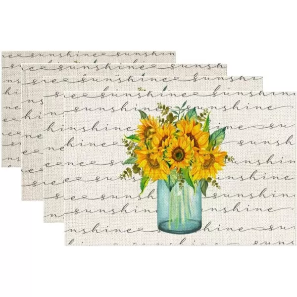 ARKENY Summer Sunflower Bottle Sunshine Placemats 12x18 Inches Set of 4Seasonal Burlap Farmhouse Indoor Kitchen Dining Table Decoration for Home PartyARKENY Summer Sunflower Bottle Sunshine Placemats 12x18 Inches Set of 4Seasonal Burlap Farmhouse Indoor Kitchen Dining Table Decoration for Home Party