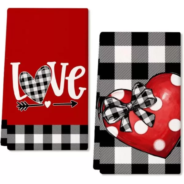 ARKENY Valentine Day Kitchen Towels Black Buffalo Plaid Check Bowknot Dish Towels 18x26 Inch Ultra Absorbent Wedding Drying Cloth Love Sign Hand Towel for Valentine Decorations Set of 2Red Dot