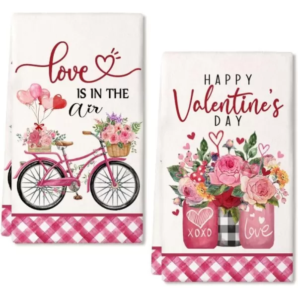 ARKENY Valentine Day Kitchen Towels Set of 2Black Buffalo Plaid Flower Vase Dish Towels 18x26 Inch Drying DishclothFarmhouse Home Wedding Decoration AD180Pink Rhombus