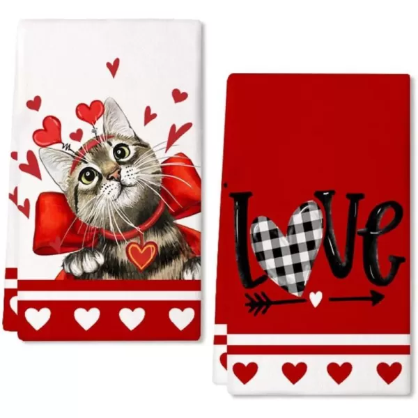 ARKENY Valentine Day Kitchen Towels Set of 2Red Cat Love Dish Towels 18x26 Inch Drying DishclothFarmhouse Home Decoration AD138Red Cat