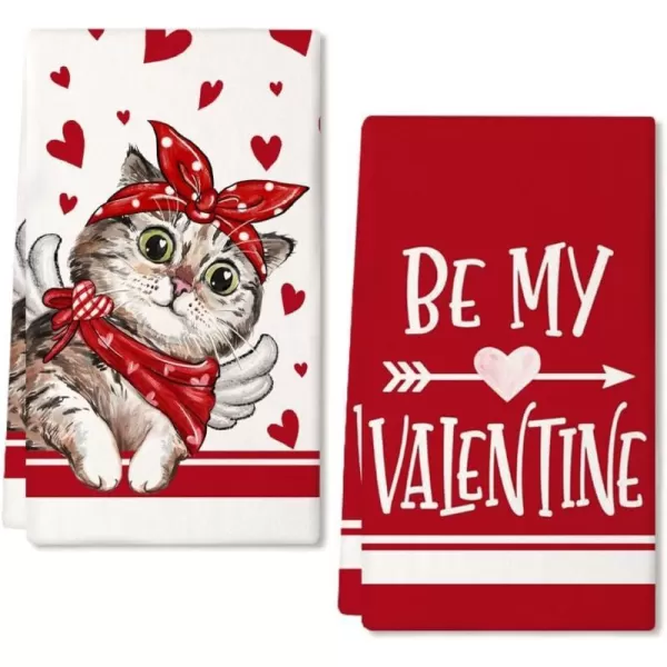 ARKENY Valentine Day Kitchen Towels Set of 2Red Cat Love Dish Towels 18x26 Inch Drying DishclothFarmhouse Home Decoration AD138Red Love Cat