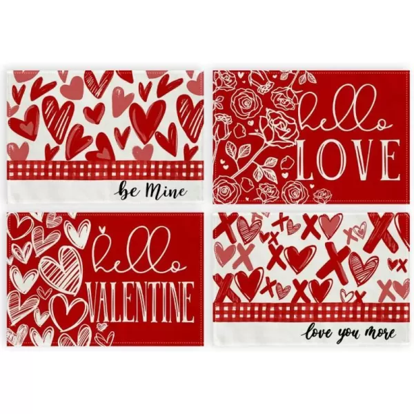 ARKENY Valentines Day Placemats 12x18 Inches Set of 4 Heart Love Seasonal Farmhouse Burlap Red Buffalo Plaid Indoor Kitchen Dining Table Decorations for Home Party AP22418Red Placemats Set of 4  12X18