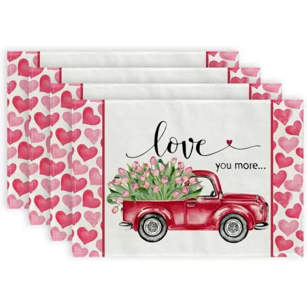 ARKENY Valentines Day Placemats 12x18 Inches Set of 4 Love You More Truck Heart Seasonal Farmhouse Burlap Pink Indoor Kitchen Dining Table Decorations for Home Party AP53318ARKENY Valentines Day Placemats 12x18 Inches Set of 4 Love You More Truck Heart Seasonal Farmhouse Burlap Pink Indoor Kitchen Dining Table Decorations for Home Party AP53318