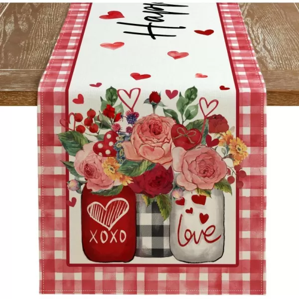 ARKENY Valentines Day Placemats 12x18 Inches Set of 4 Mason Jar Rose Love Seasonal Farmhouse Burlap Red Plaid Indoor Kitchen Dining Table Decorations for Home Party AP52918Red Table Runner  13X120