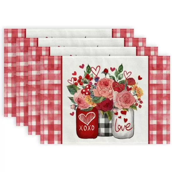 ARKENY Valentines Day Placemats 12x18 Inches Set of 4 Mason Jar Rose Love Seasonal Farmhouse Burlap Red Plaid Indoor Kitchen Dining Table Decorations for Home Party AP52918Red Placemats Set of 4  12X18