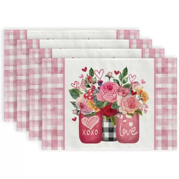 ARKENY Valentines Day Placemats 12x18 Inches Set of 4 Mason Jar Rose Love Seasonal Farmhouse Burlap Red Plaid Indoor Kitchen Dining Table Decorations for Home Party AP52918Pink Placemats Set of 4  12X18