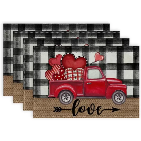 ARKENY Valentines Day Placemats 12x18 Inches Set of 4 Truck Heart Love Seasonal Farmhouse Burlap Buffalo Plaid Indoor Kitchen Dining Table Mats Decorations for Home Party AP52818Buffalo Plaid Placemats Set of 4  12X18