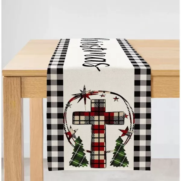 Christmas Decorations Cross Black White Buffalo Plaid Table Runner 13x72 Inches White Red Farmhouse Indoor Vintage Xmas Decor Holiday Theme Gathering Dinner Party Holiday AT036table runner 13X108 inch