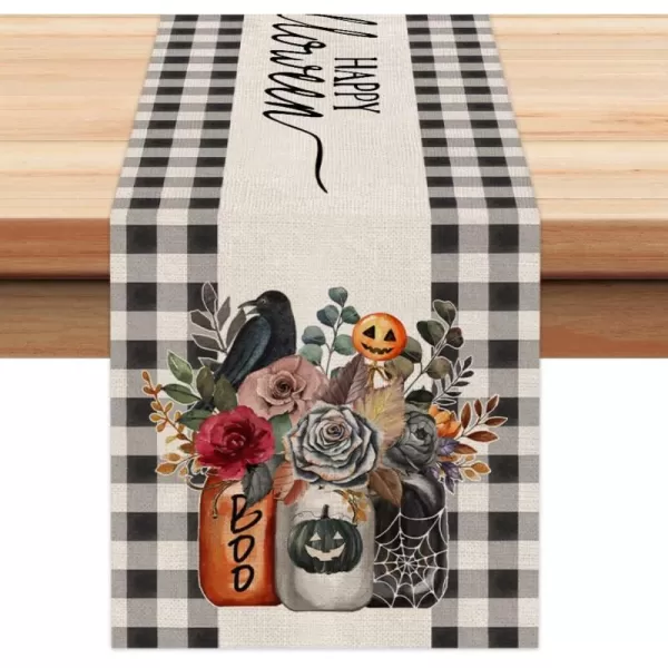 Happy Halloween Decorations Floral Vase Buffalo Plaid Table Runner 13x72 Inches Long Farmhouse Holiday Party Decor Indoor Vintage Theme Gathering Dinner AT288Happy Halloween Decorations Floral Vase Buffalo Plaid Table Runner 13x72 Inches Long Farmhouse Holiday Party Decor Indoor Vintage Theme Gathering Dinner AT288