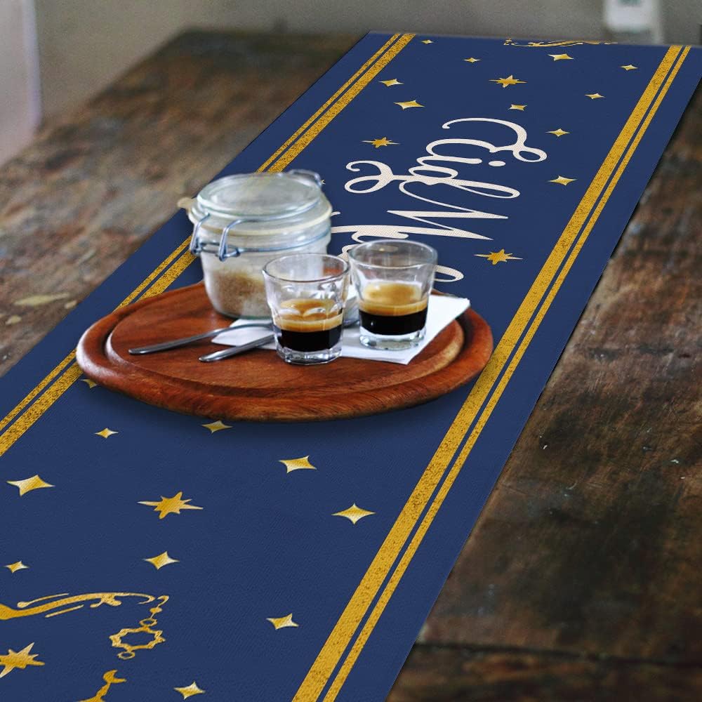 Eid Mubarak Moon and Star Golden Table Runner 13x72 Inches Seasonal Ramadan Kareem Decor Holiday Farmhouse Indoor Vintage Theme Gathering Dinner Party Decorations AT194