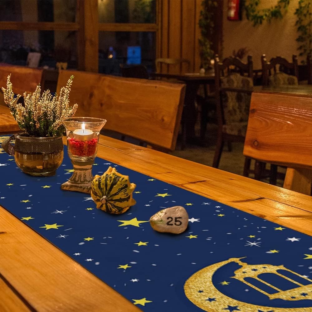 Ramadan Kareem Moon and Star Golden Table Runner 13x72 Inches Seasonal Eid Mubarak Decor Holiday Farmhouse Indoor Vintage Theme Gathering Dinner Party Decorations AT192