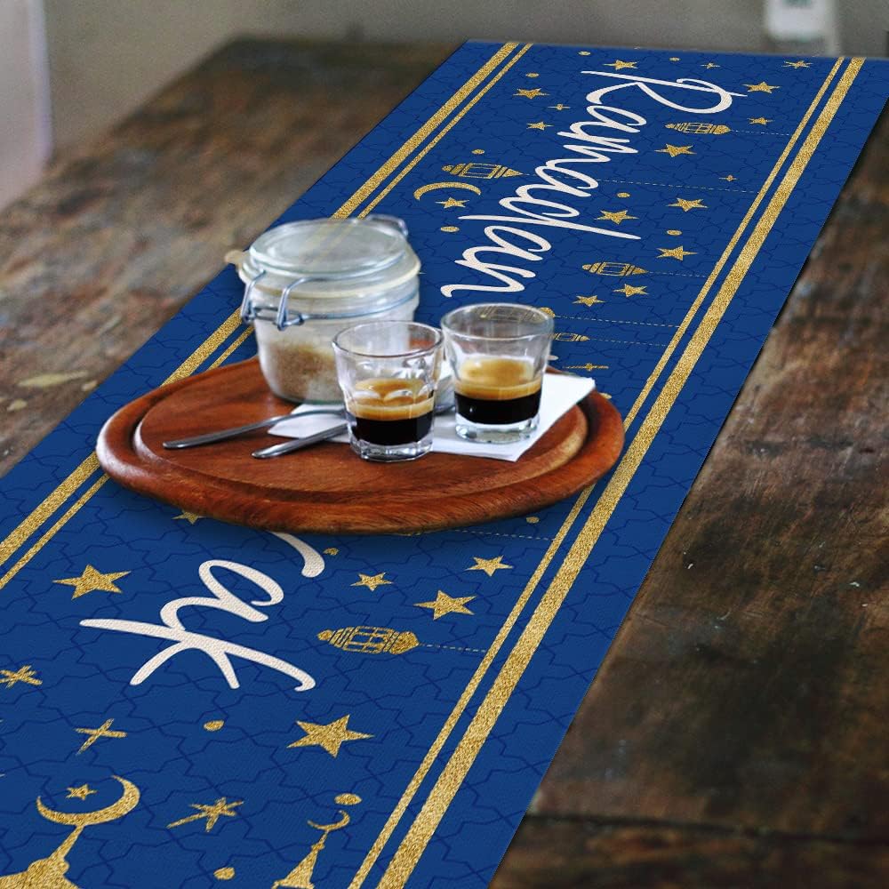 Ramadan Mubarak Moon and Star Golden Table Runner 13x72 Inches Seasonal Kareem Decor Holiday Farmhouse Indoor Vintage Theme Gathering Dinner Party Decorations AT195