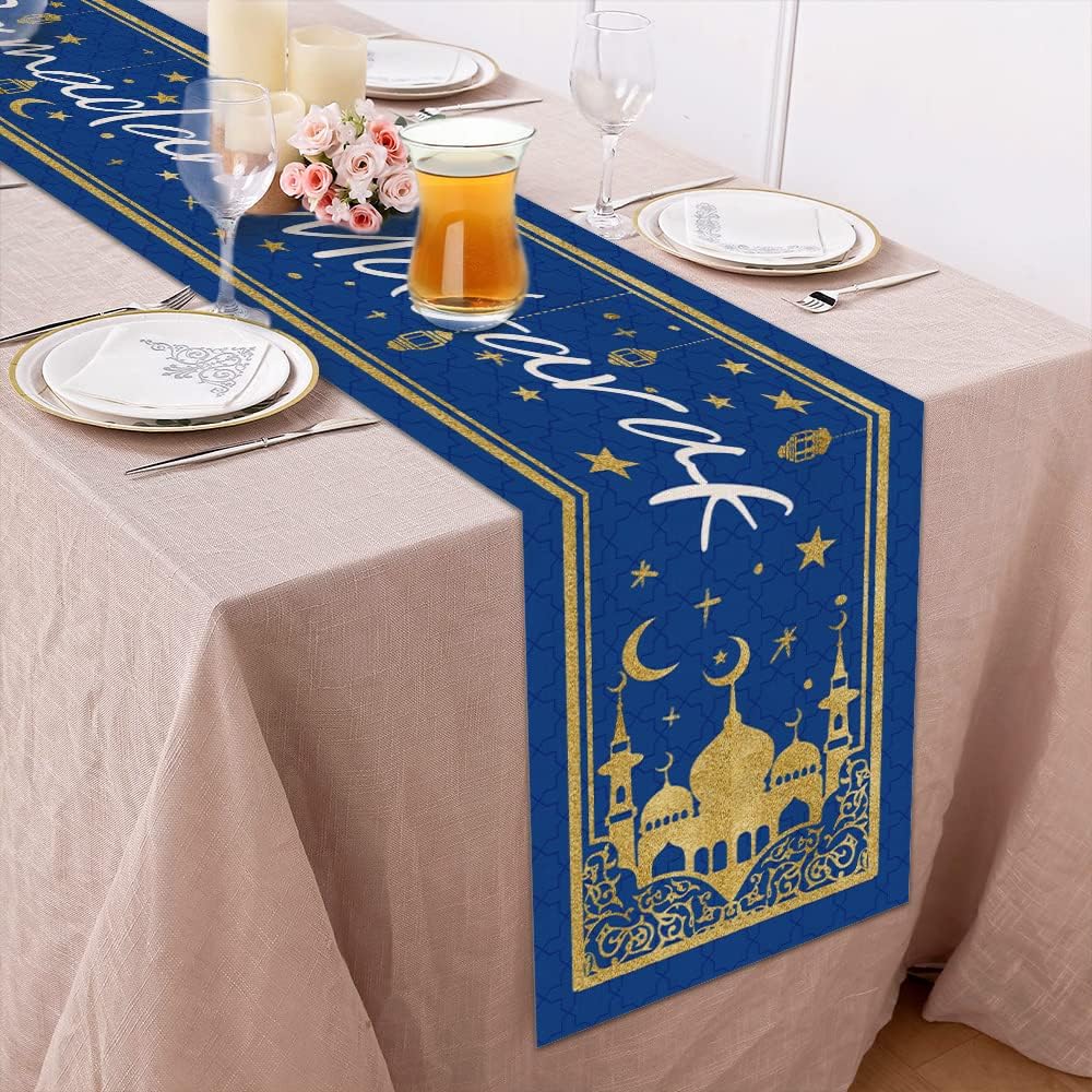 Ramadan Mubarak Moon and Star Golden Table Runner 13x72 Inches Seasonal Kareem Decor Holiday Farmhouse Indoor Vintage Theme Gathering Dinner Party Decorations AT195