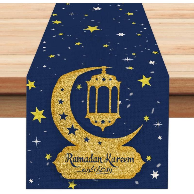 Ramadan Kareem Moon and Star Golden Table Runner 13x72 Inches Seasonal Eid Mubarak Decor Holiday Farmhouse Indoor Vintage Theme Gathering Dinner Party Decorations AT192