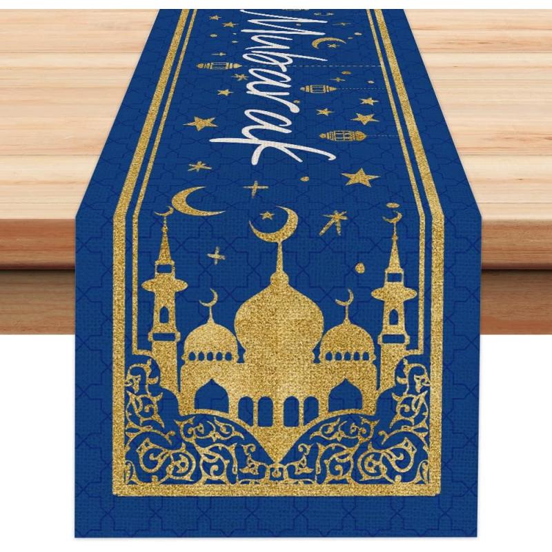 Ramadan Mubarak Moon and Star Golden Table Runner 13x72 Inches Seasonal Kareem Decor Holiday Farmhouse Indoor Vintage Theme Gathering Dinner Party Decorations AT195
