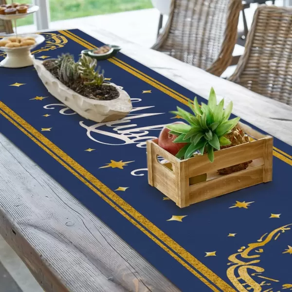 Eid Mubarak Moon and Star Golden Table Runner 13x72 Inches Seasonal Ramadan Kareem Decor Holiday Farmhouse Indoor Vintage Theme Gathering Dinner Party Decorations AT194