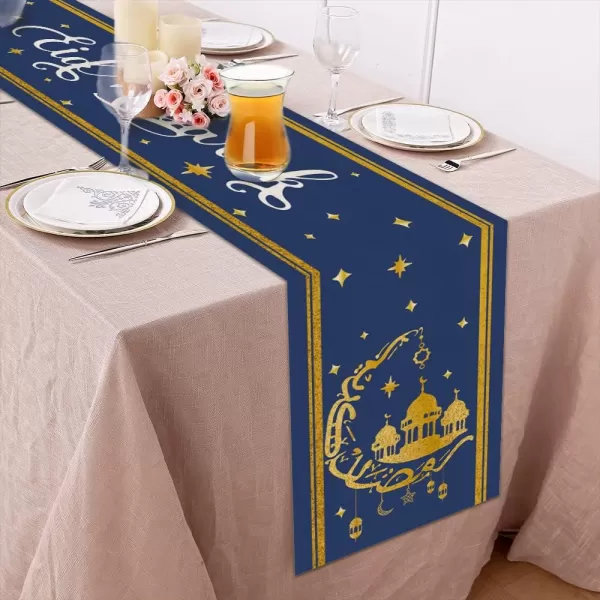 Eid Mubarak Moon and Star Golden Table Runner 13x72 Inches Seasonal Ramadan Kareem Decor Holiday Farmhouse Indoor Vintage Theme Gathering Dinner Party Decorations AT194