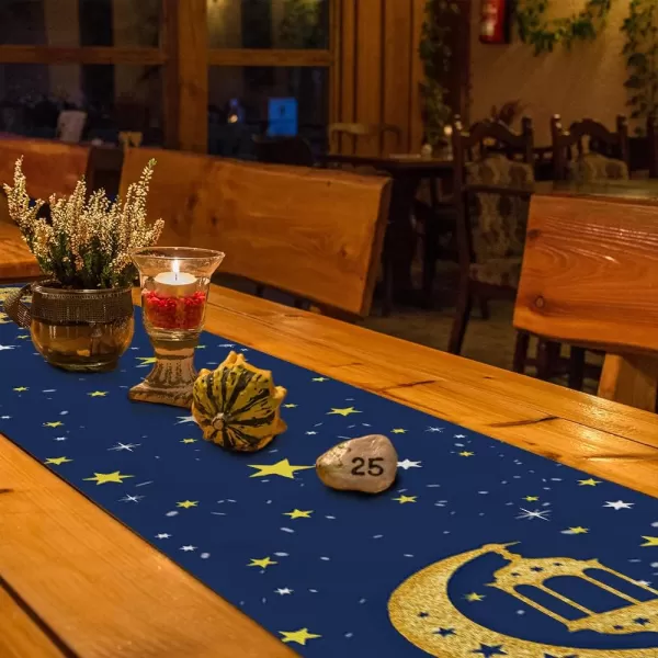 Ramadan Kareem Moon and Star Golden Table Runner 13x72 Inches Seasonal Eid Mubarak Decor Holiday Farmhouse Indoor Vintage Theme Gathering Dinner Party Decorations AT192