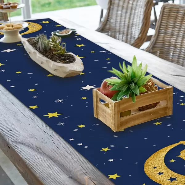 Ramadan Kareem Moon and Star Golden Table Runner 13x72 Inches Seasonal Eid Mubarak Decor Holiday Farmhouse Indoor Vintage Theme Gathering Dinner Party Decorations AT192