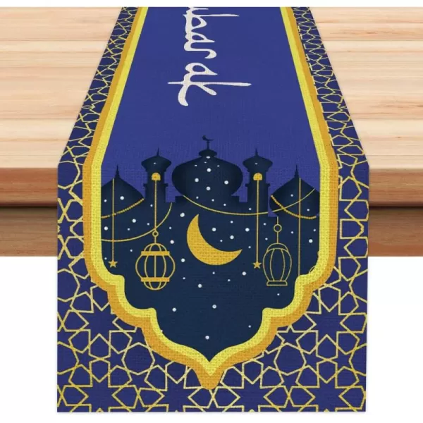 Eid Mubarak Golden Moon and Star Table Runner 13x72 Inches Seasonal Ramadan Kareem Decor Holiday Farmhouse Indoor Vintage Theme Gathering Dinner Party Decorations AT193