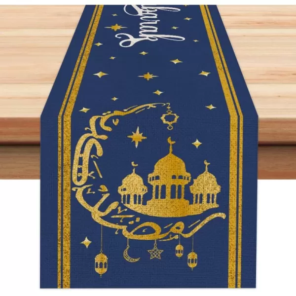 Eid Mubarak Moon and Star Golden Table Runner 13x72 Inches Seasonal Ramadan Kareem Decor Holiday Farmhouse Indoor Vintage Theme Gathering Dinner Party Decorations AT194
