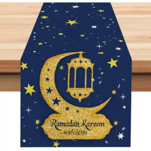 Ramadan Kareem Moon and Star Golden Table Runner 13x72 Inches Seasonal Eid Mubarak Decor Holiday Farmhouse Indoor Vintage Theme Gathering Dinner Party Decorations AT192