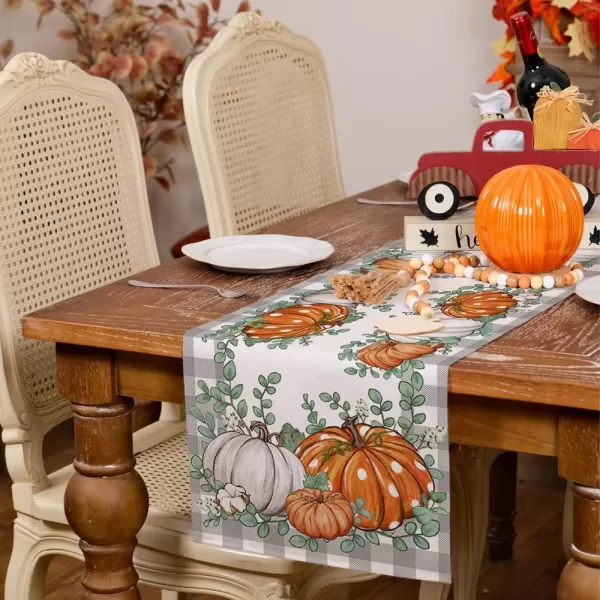 ARKENY Fall Pumpkin Table Runner 13x36 Inches Eucalyptus Leaf Buffalo Plaid Holiday Indoor Outdoor Table Decoration for HomeTable Runner  13X108