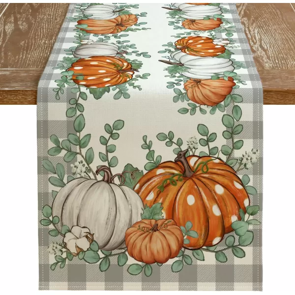 ARKENY Fall Pumpkin Table Runner 13x36 Inches Eucalyptus Leaf Buffalo Plaid Holiday Indoor Outdoor Table Decoration for HomeTable Runner  13X90