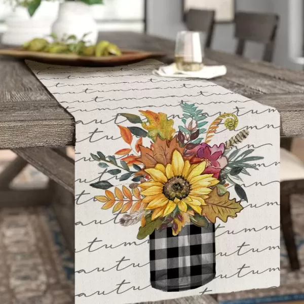 ARKENY Fall Thanksgiving Flower Check Vase Leaf Table Runner 13x72 InchesSeasonal Burlap Farmhouse Indoor Kitchen Dining Table Decoration for Home Party AT23572