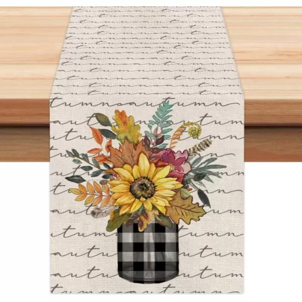 ARKENY Fall Thanksgiving Flower Check Vase Leaf Table Runner 13x72 InchesSeasonal Burlap Farmhouse Indoor Kitchen Dining Table Decoration for Home Party AT23572