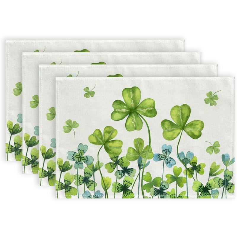 imageARKENY St Patricks Day Placemats 12x18 Inches Set of 4 Green Shamrock Spring Seasonal Farmhouse Burlap Indoor Kitchen Dining Table Mats Decorations for Home Party AP5484
