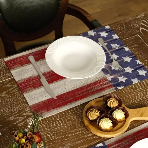 imageARKENY 4th of July Memorial Day Placemats 12x18 Inches Set of 4 Star American Flag Holiday Farmhouse Stripe Burlap Indoor Patriotic Independence Table Mats Decor for Home Party AP25718