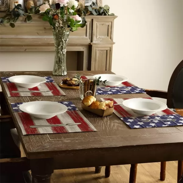 imageARKENY 4th of July Memorial Day Placemats 12x18 Inches Set of 4 Star American Flag Holiday Farmhouse Stripe Burlap Indoor Patriotic Independence Table Mats Decor for Home Party AP25718