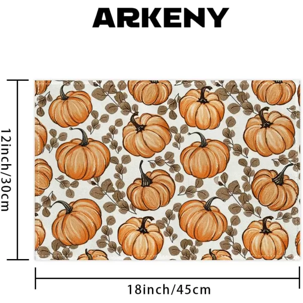 imageARKENY Fall Placemats 12x18 Inches Set of 4 Pumpkin Eucalyptus Leaf Orange Autumn Seasonal Farmhouse Burlap Indoor Outdoor Table Mats Decorations for Home Party AP6354