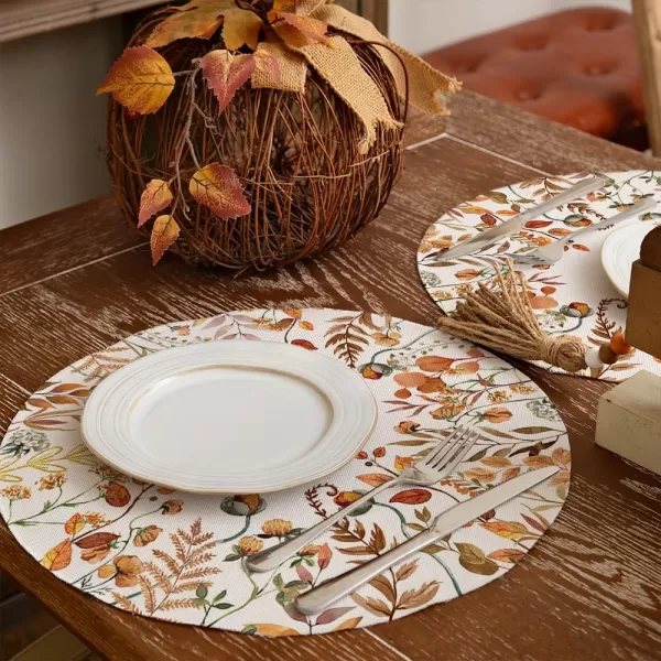 imageARKENY Fall Round Placemats Set of 4 15 Inches Wildflower Leaves Floral Autumn Seasonal Burlap Farmhouse Indoor Kitchen Dining Table Mat Thanksgiving Decoration for Home Party AP48915Orange